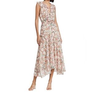 SALONI Rita Ruffle Asymmetric Midi Floral Lined Silk Dress in Amaryllis Size 10
